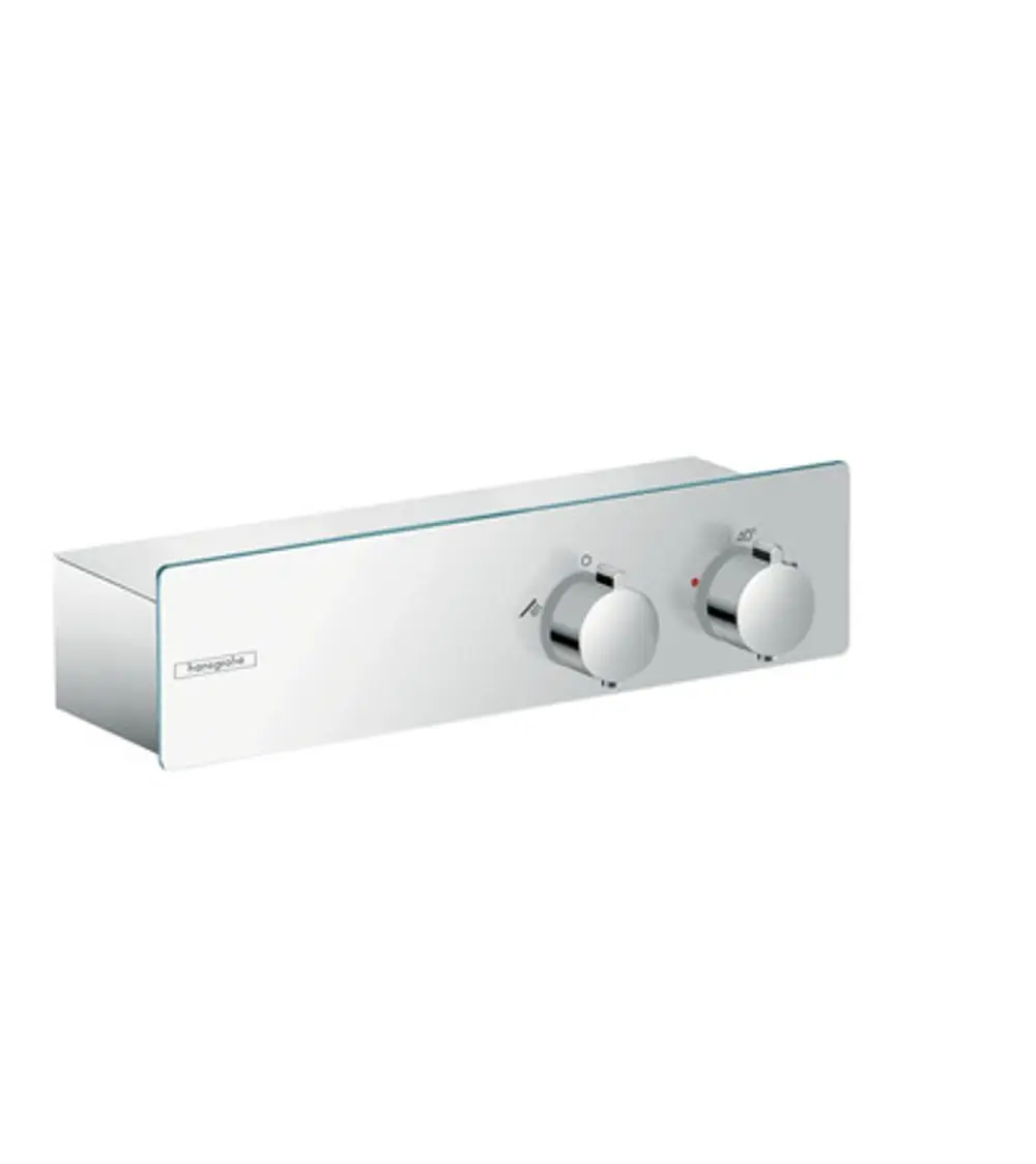 Hansgrohe Brausethermostat aus Chrom mit zwei drehbaren Bedienelementen zur Temperatur- und Wassermengenregulierung, montiert auf einer flachen Platte.